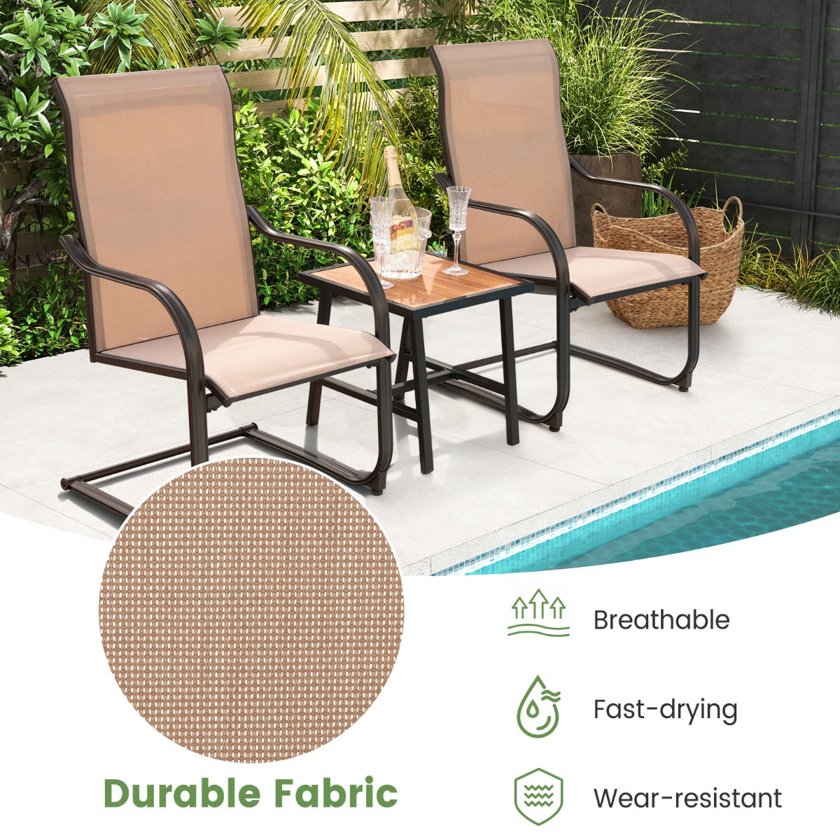 2 Pieces C-Spring Motion Patio Dining Chairs with Breathable Fabric