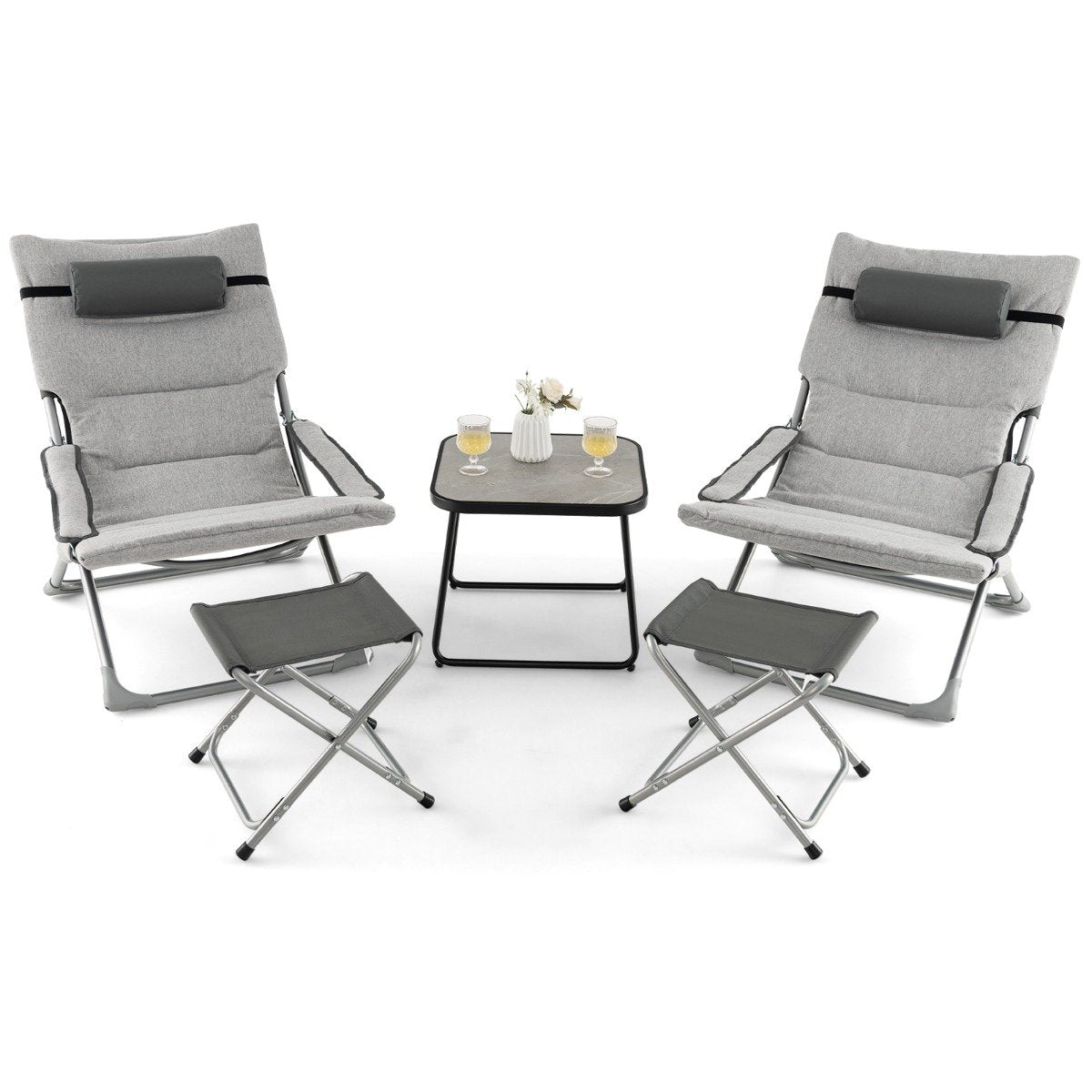 5 Piece Patio Sling Chair Set with Ottoman and Coffee Table-Grey