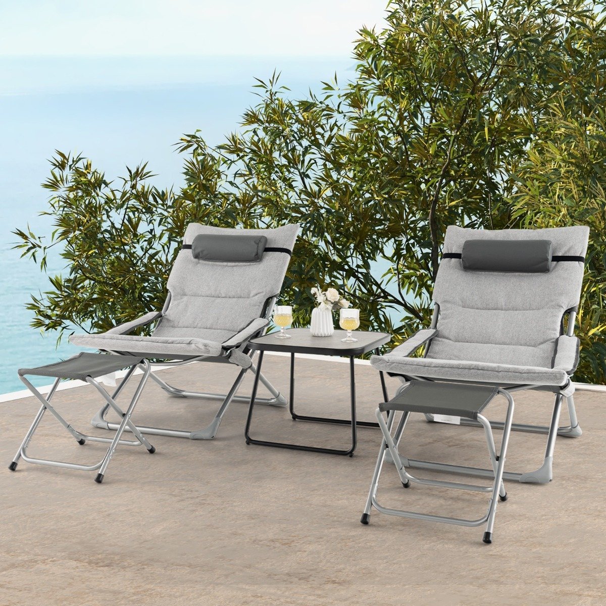5 Piece Patio Sling Chair Set with Ottoman and Coffee Table-Grey