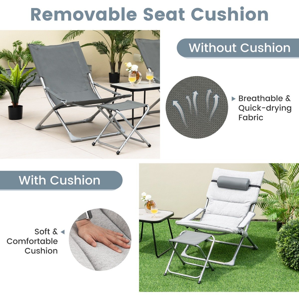 5 Piece Patio Sling Chair Set with Ottoman and Coffee Table-Grey