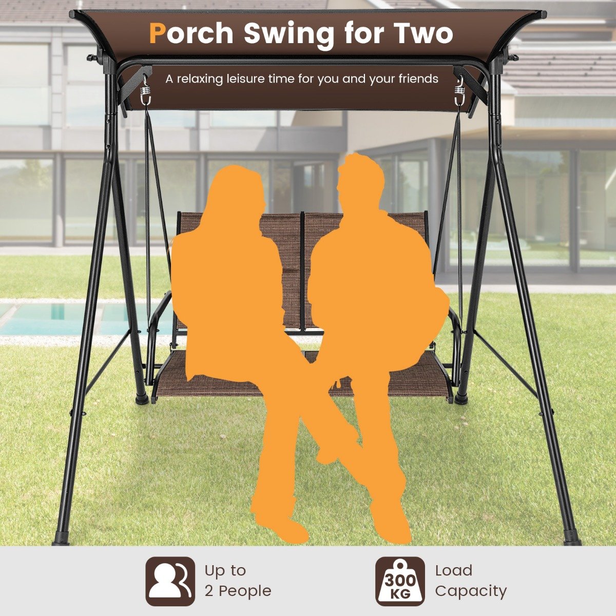 2 Seat Outdoor Porch Swing with Spring Hook and Soft Cushions-Brown