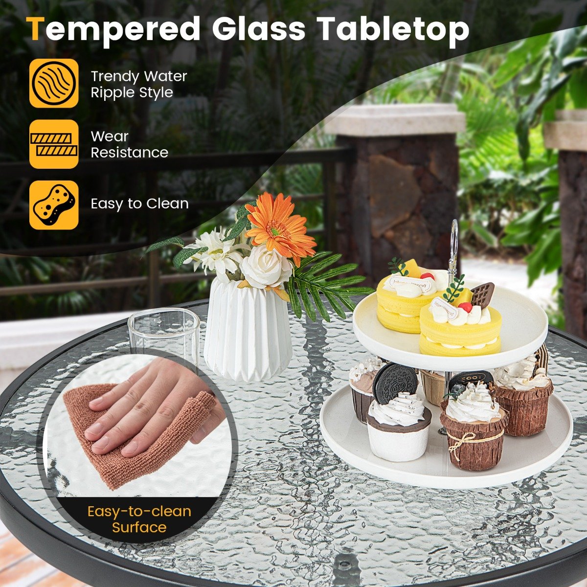 Patio Bar Table with Tempered Glass Tabletop and Heavy-duty Metal Frame