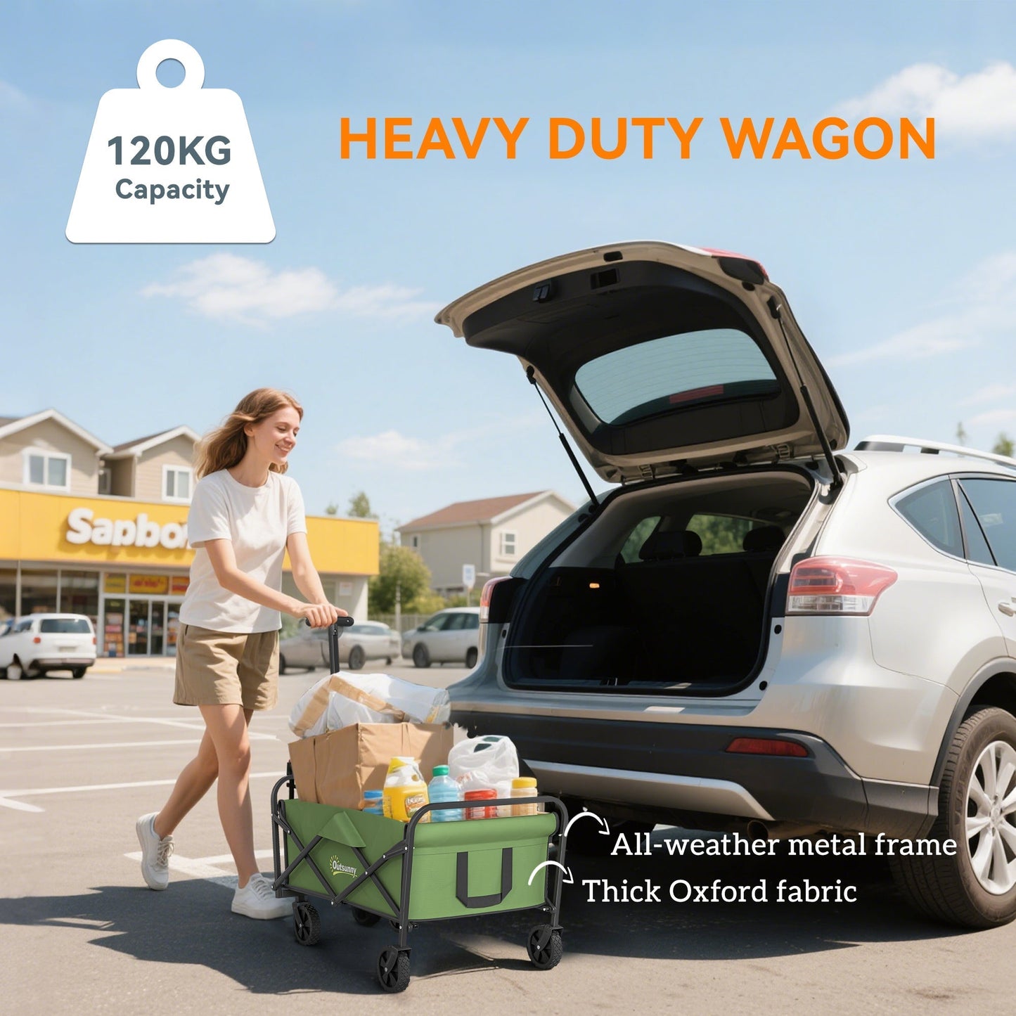 Outsunny 62L Festival Trolley on Wheels, Garden Folding Trolley Cart, 120kg Heavy Duty Collapsible Folding Wagon with Adjustable Handle and Carrying Bag for Beach, Camping, Festival, Green