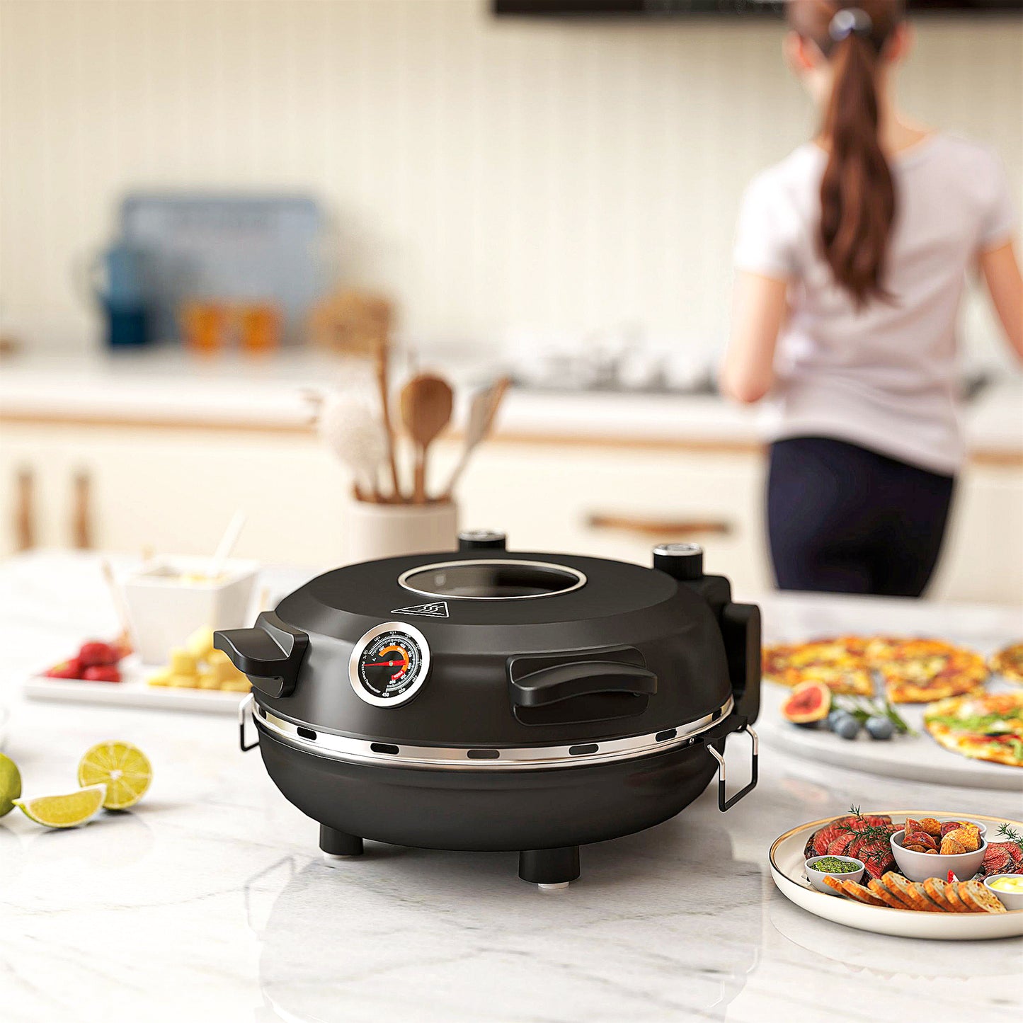 HOMCOM 1200W Pizza Oven, 12 Inch Electric Pizza Maker with Viewing Window, Dual Knob Temp & Timer Control, Overheat Protection, Black