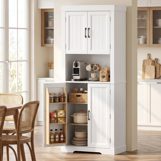HOMCOM 183 cm Tall Kitchen Cupboard, Kitchen Cabinet with Open Countertop, Door Racks and Adjustable Shelves, White