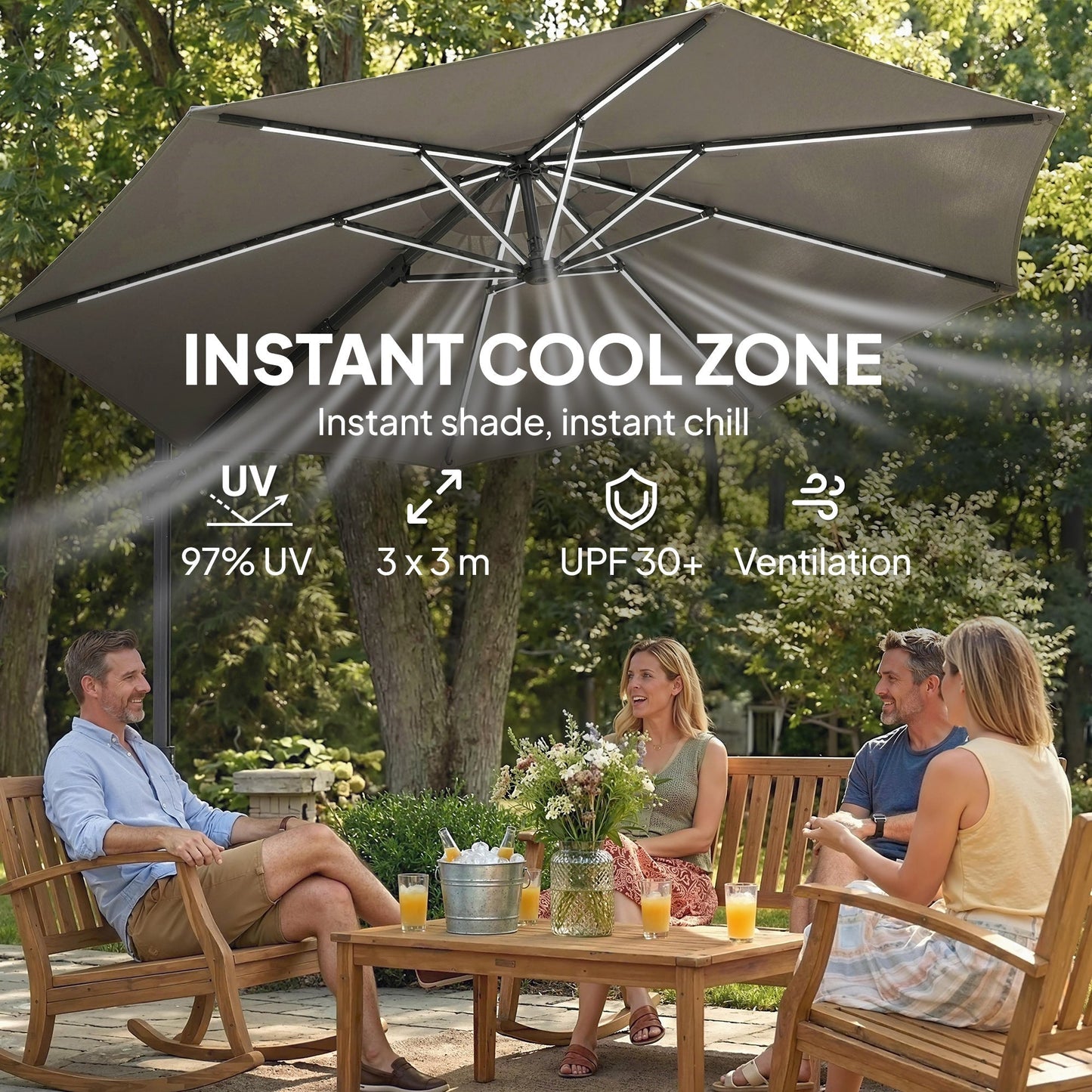 Outsunny 3 m Garden Cantilever Parasol with LED Solar Light, Round Overhanging Umbrella with 360 degrees Rotation, Cover, Grey