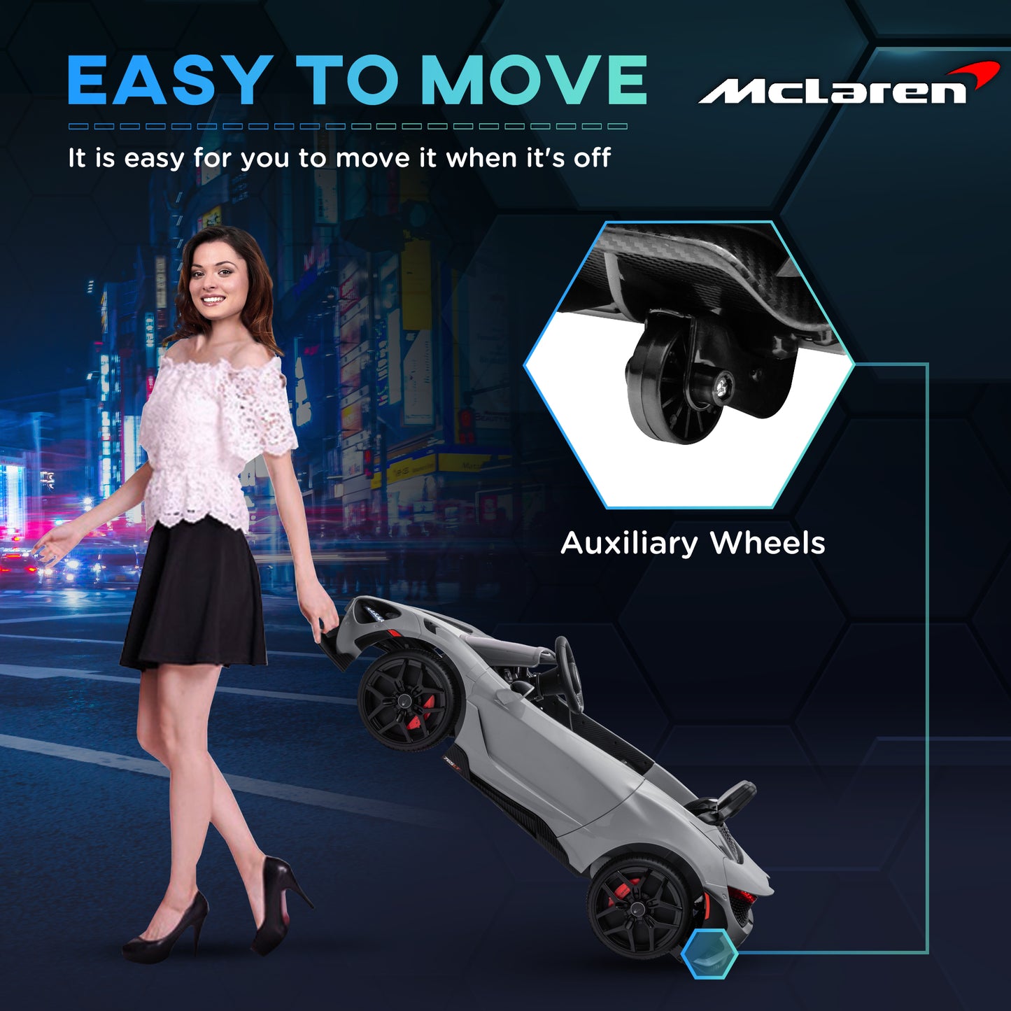 سيارة كهربائية للأطفال مرخصة من AIYAPLAY McLaren 765LT بقوة 12 فولت مع أبواب على شكل فراشة وعجلات نقل تعمل بالتحكم عن بعد باللون الرمادي