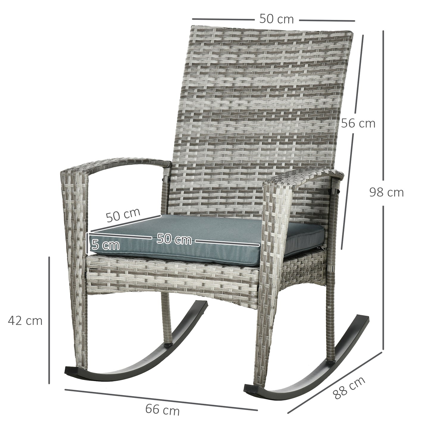 Outsunny Outdoor PE Rattan Rocking Chair Set of 2, Zestaw ogrodowych bujanych krzeseł z podłokietnikiem i poduszką, jasnoszary