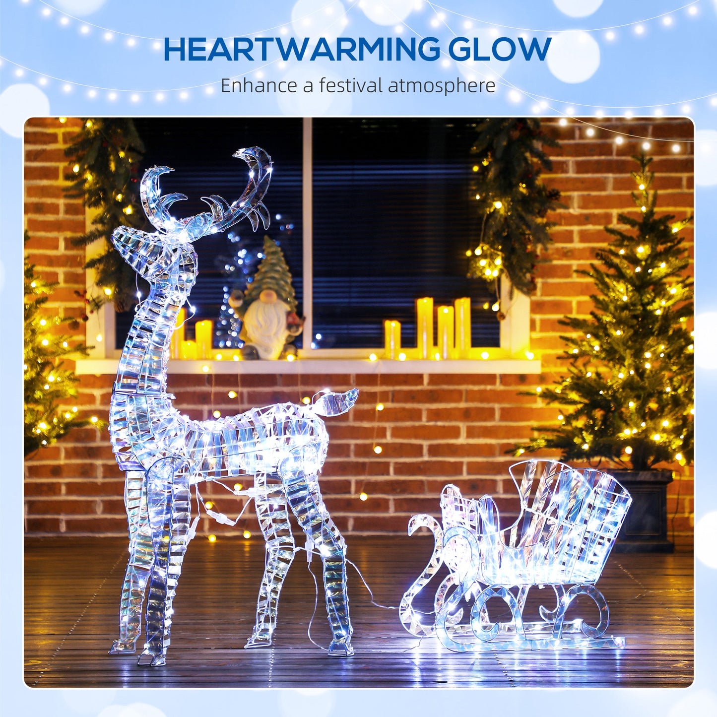 Outsunny Lighted Christmas Reindeer with Sleigh, Outdoor Yard Reindeer with 170 Warm White LED Lights, Holiday Decor with Stakes, Waterproof, Silver