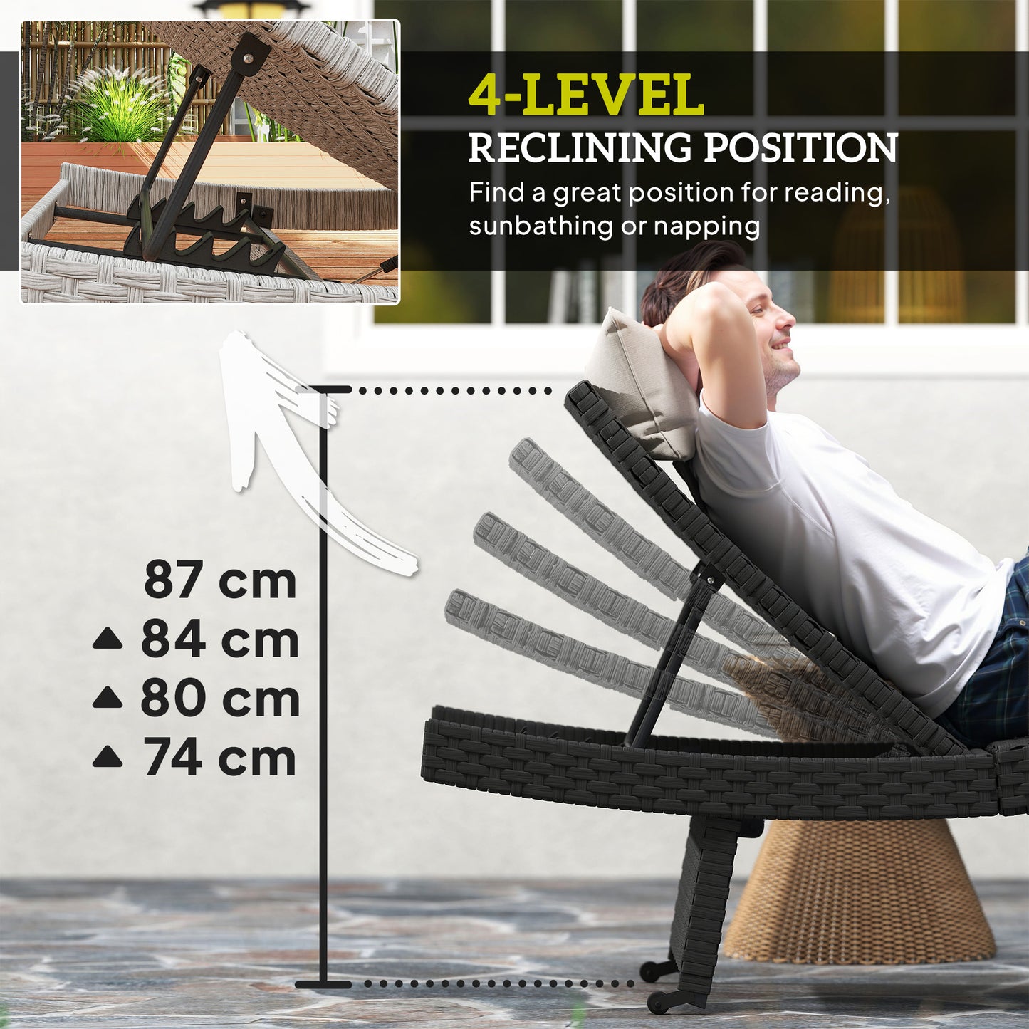 Outsunny Outdoor PE Rattan Leżak, składany wiklinowy leżak ogrodowy z oparciem regulowanym na 4 poziomach, rolowany leżak z kółkami, antypoślizgowe nogi na balkon, plaża, czarny
