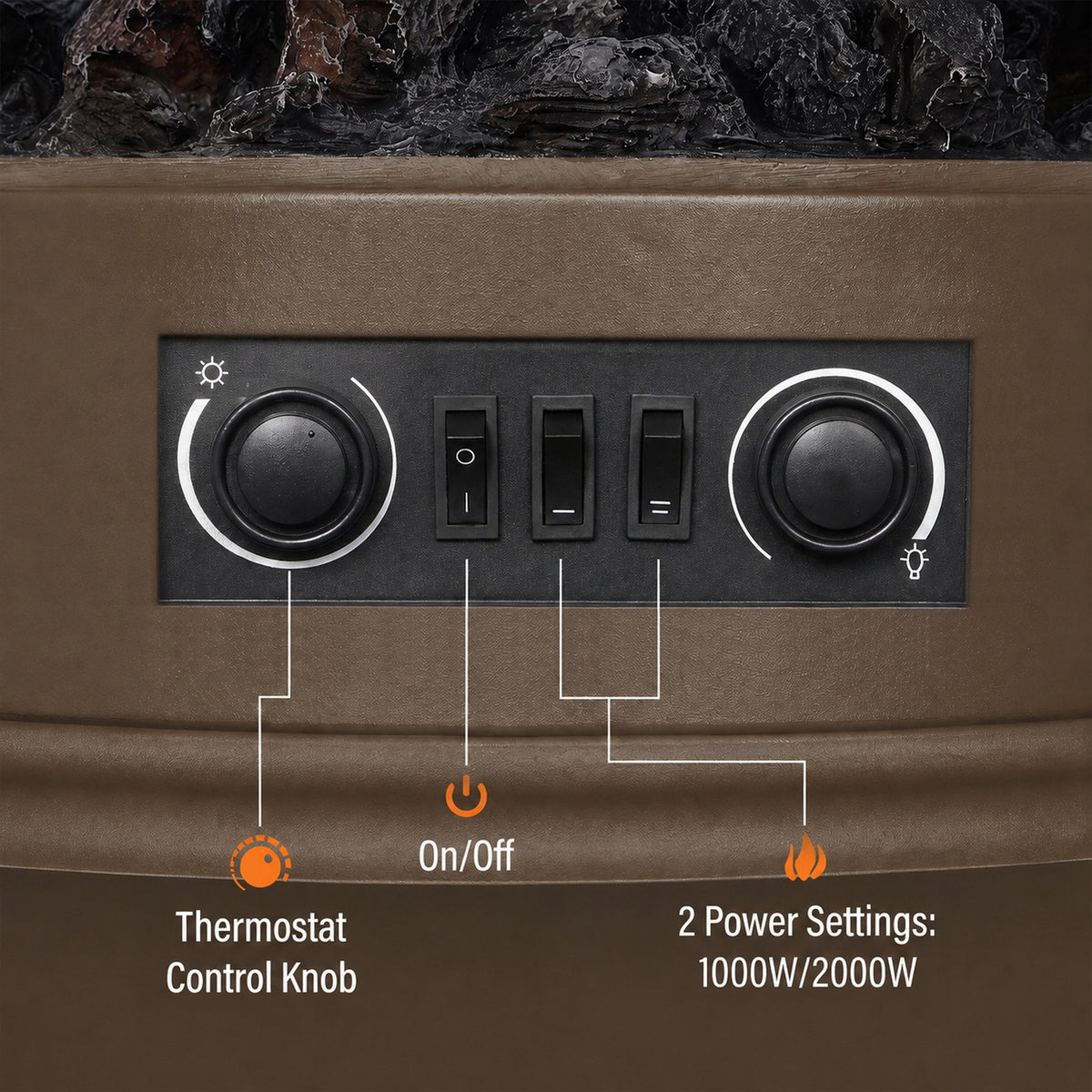 HOMCOM Electric Fireplace Stove, 1000/2000W 3-Sided Freestanding Fireplace Heater with 3D Flame Log, Thermostat, Brown