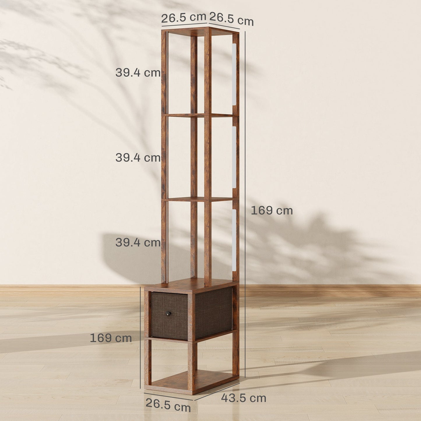 HOMCOM Floor Lamp with Shelves, LED Column Modern Standing Lamp with Fabric Drawer, Adjustable Brightness, Foot Switch for Living Room, Bedroom, Office, Rustic Brown