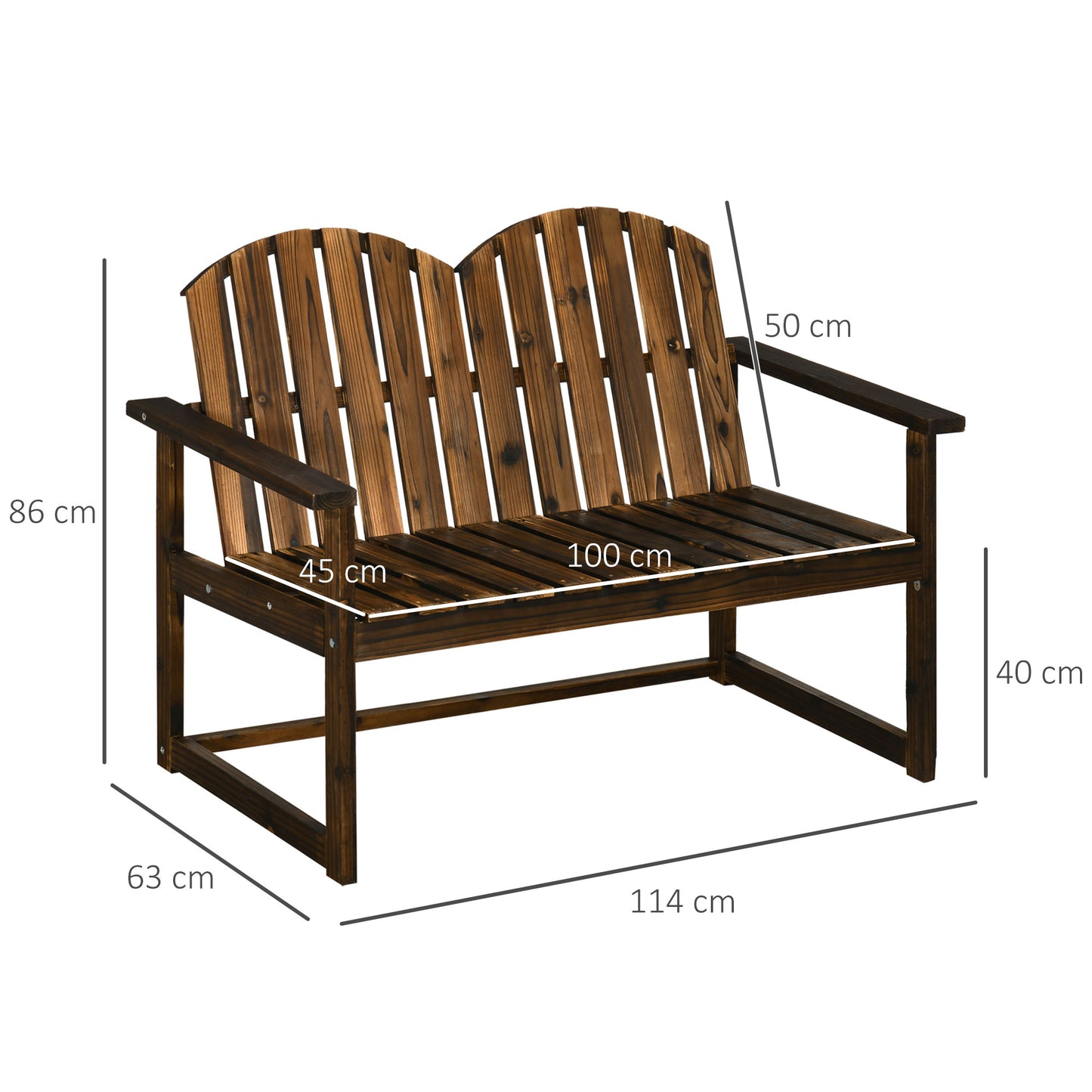 Outsunny Outdoor Drewniana Ławka Ogrodowa, Patio Doubleseat Chair z Listwowym Oparciem i Gładkimi Podłokietnikami dla Dwóch Osób, Do Ogrodu, Trawnika, Werandy, Wykończenie Karbonizowane