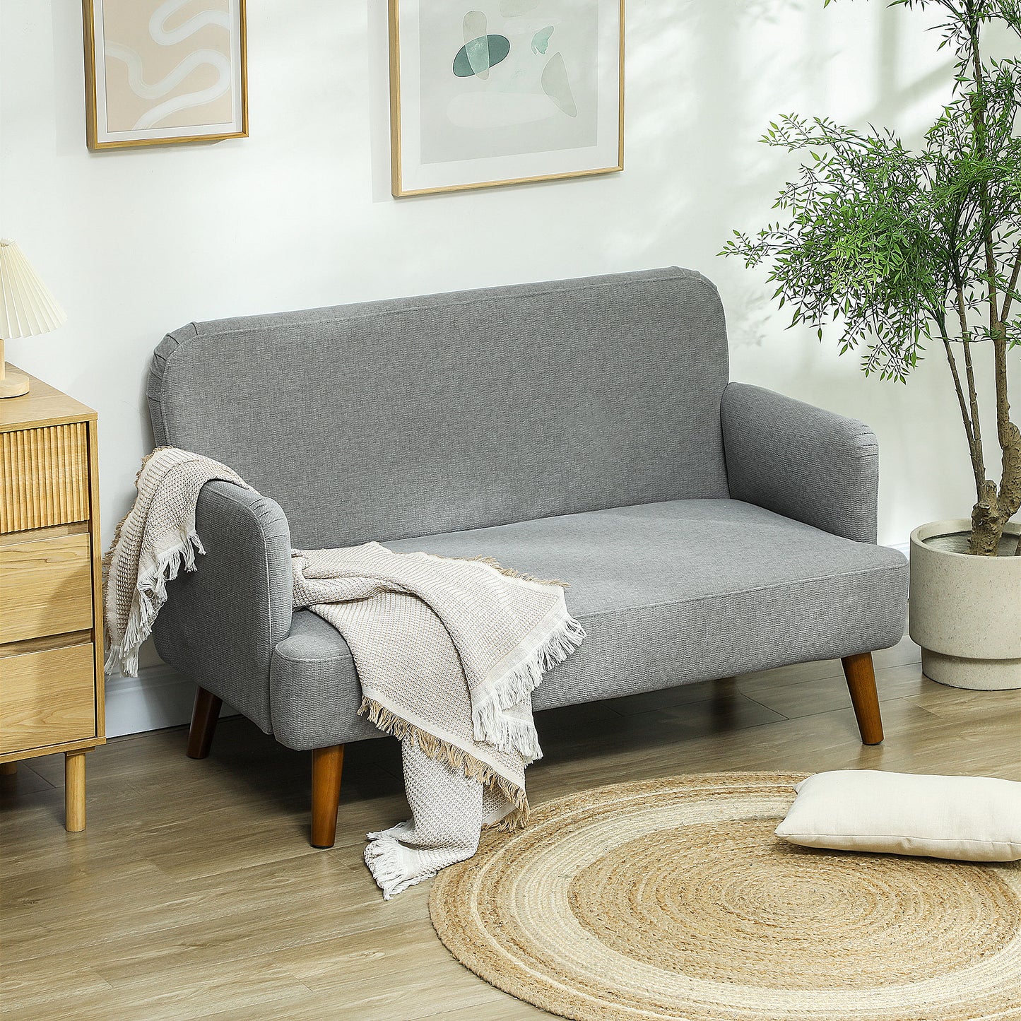 HOMCOM Sofa dwuosobowa z tkaniny Velvet Feel, mała sofa dwuosobowa z wypełnieniem o grubości 21 cm i drewnianymi nogami, szara