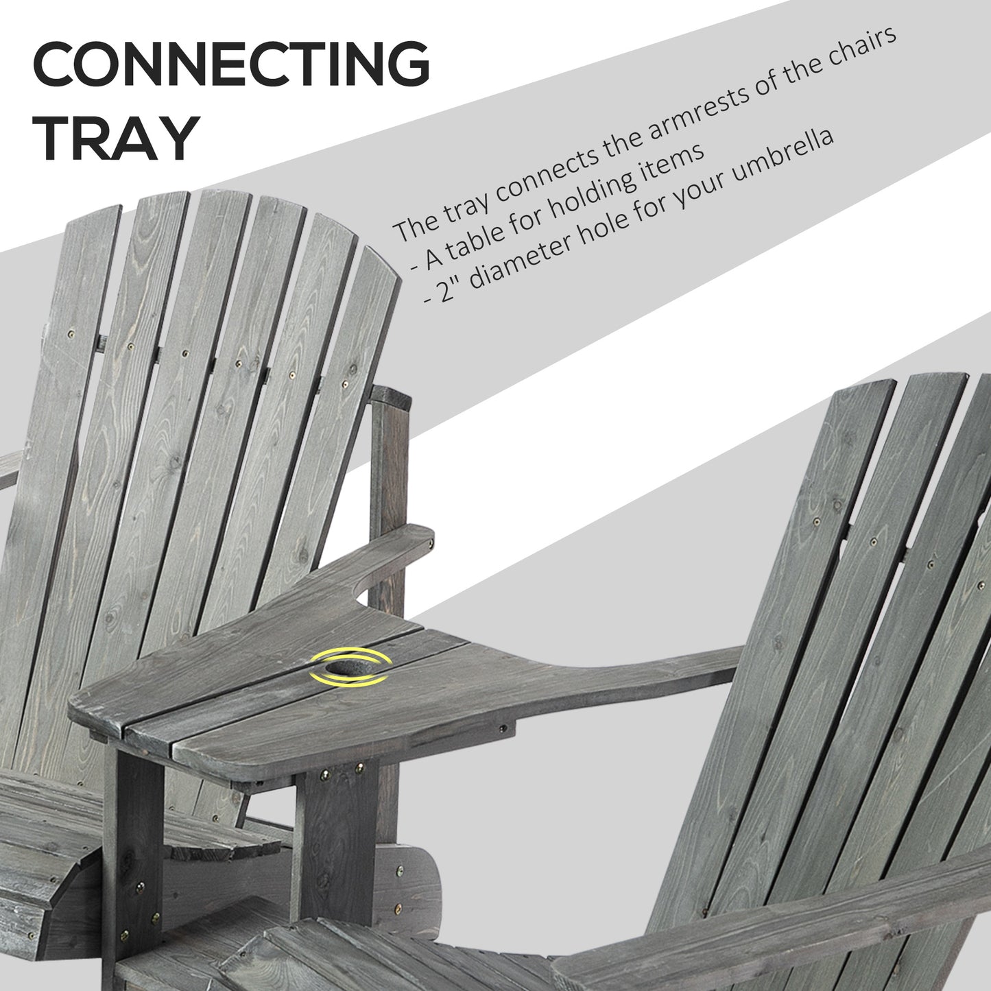 Drewniana sofa ogrodowa Outsunny Double Adirondack Chairs z podwójnymi krzesłami, stolikiem centralnym i otworem na parasol, meble ogrodowe do wypoczynku i relaksu, kolor szary