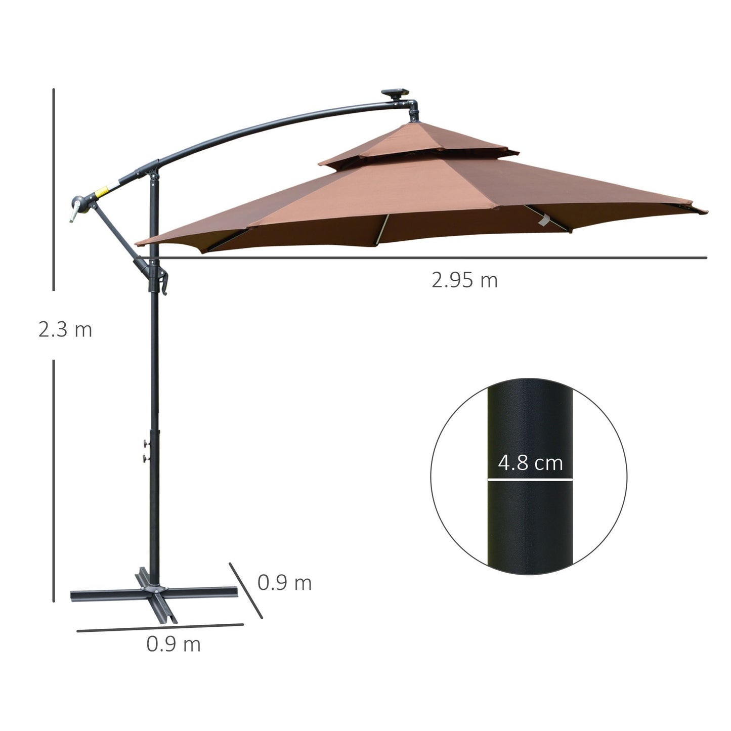 Parasol wiszący Outsunny 3(m) Cantilever Banana z podwójnym dachem, lampami solarnymi LED, korbą, 8 wytrzymałymi żebrami i podstawą krzyżową do użytku na zewnątrz, w ogrodzie, na patio, w kawiarni
