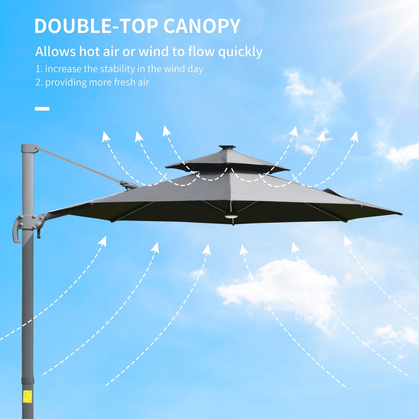 Outsunny 3m Cantilever Parasol w/ Solar Lights Power Bank Base 360¡ Spin Dark Grey