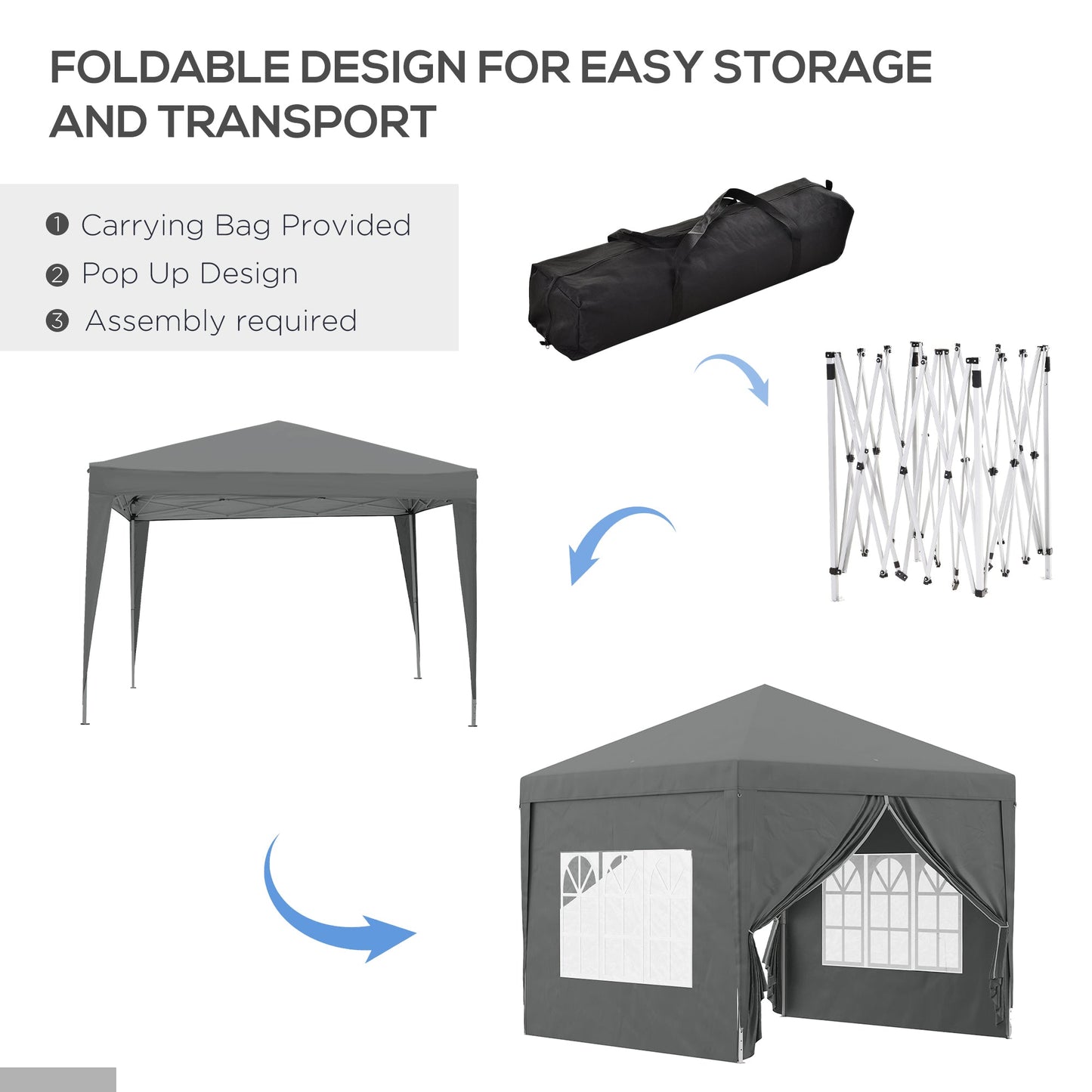 Outsunny 3 x 3 m Pop Up Gazebo Party Tent Canopy Wedding Camping Marquee with Carry Bag and 2 Windows, Grey