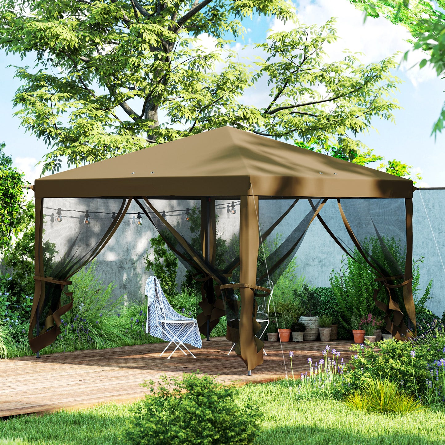 Outsunny 3 x 3Â m Pop Up Gazebo, 420D Garden Tent Canopy with Removable Mesh Sidewall Netting, Carry Bag for Garden Patio Outdoor, Khaki