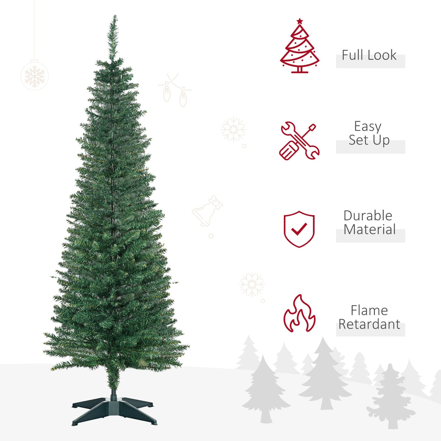 HOMCOM 5ft Unlit Artificial Christmas Tree, Pencil Slim Xmas Tree with Solid Stand and Realistic Branches, Green