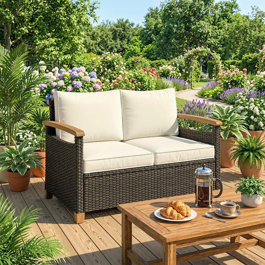 Outsunny 2 Seater Rattan Garden Sofa in Brown, image 2
