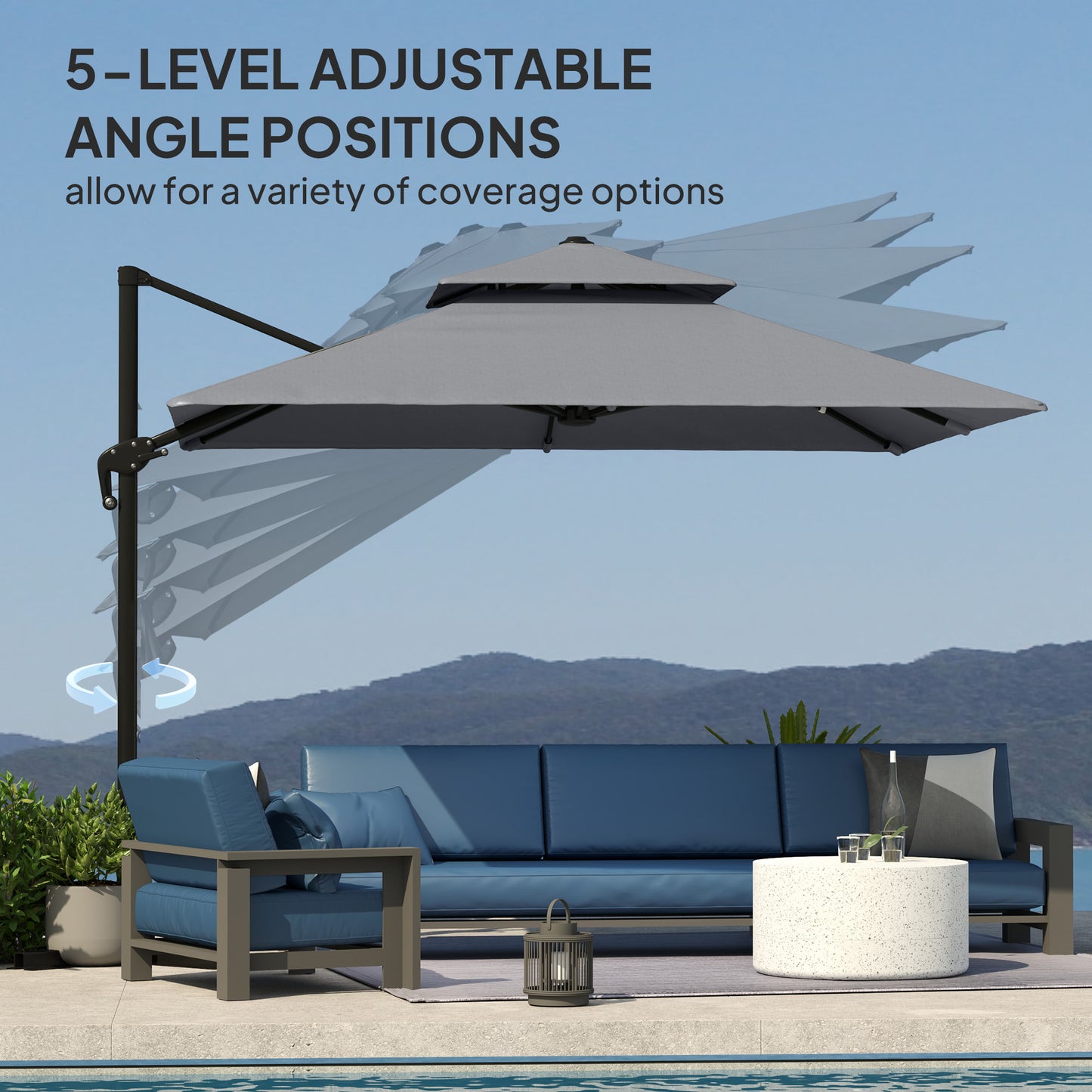 Outsunny 3 x 3(m) Cantilever Parasol with Aluminium Frame, Crank and Tilt, 360° Rotation, Double Top Garden Umbrella with Base and Cover, Light Grey