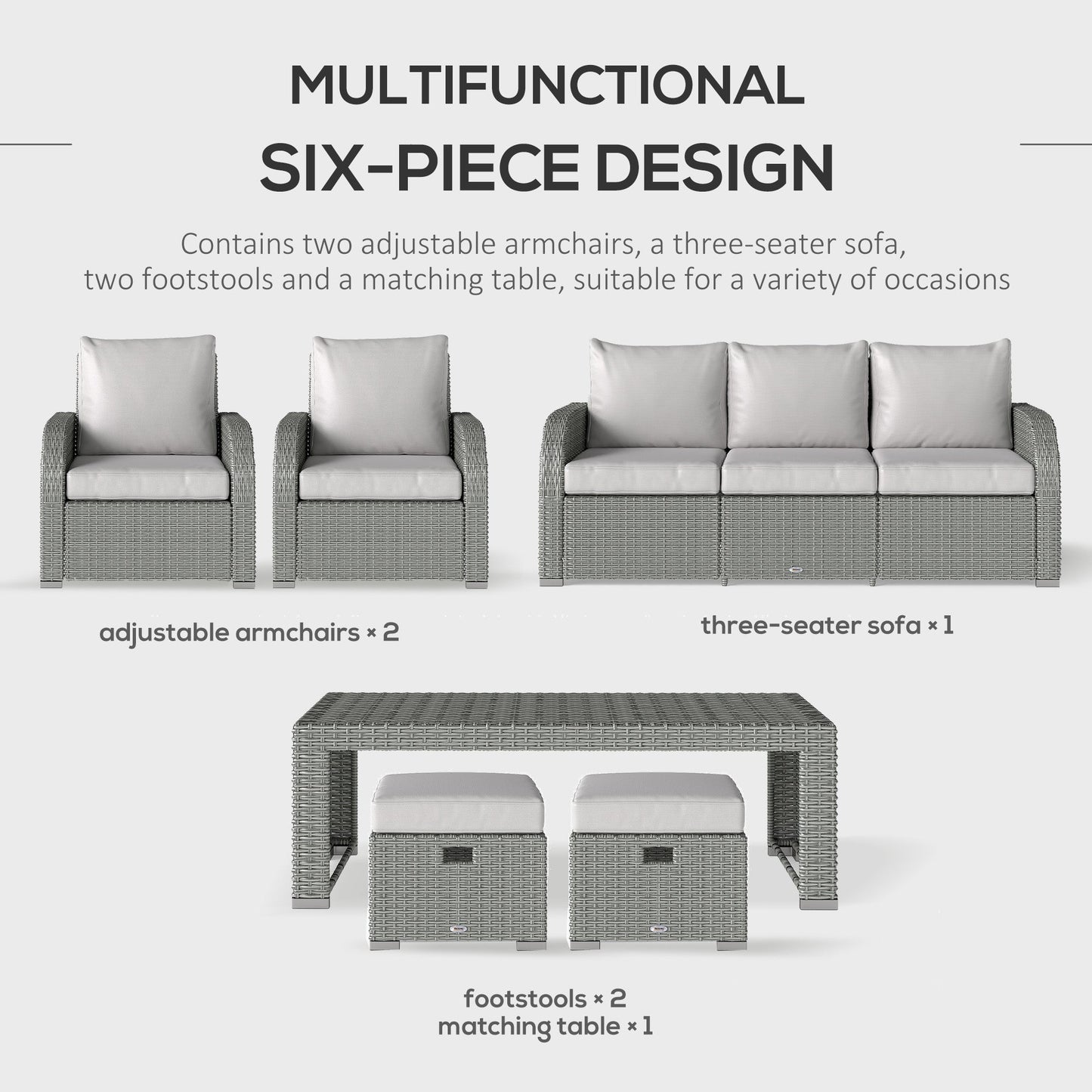 Outsunny Six-piece Outdoor Rattan Dining Set, Outdoor Sofa Set with Reclining Armchairs and Mental Frame, Grey