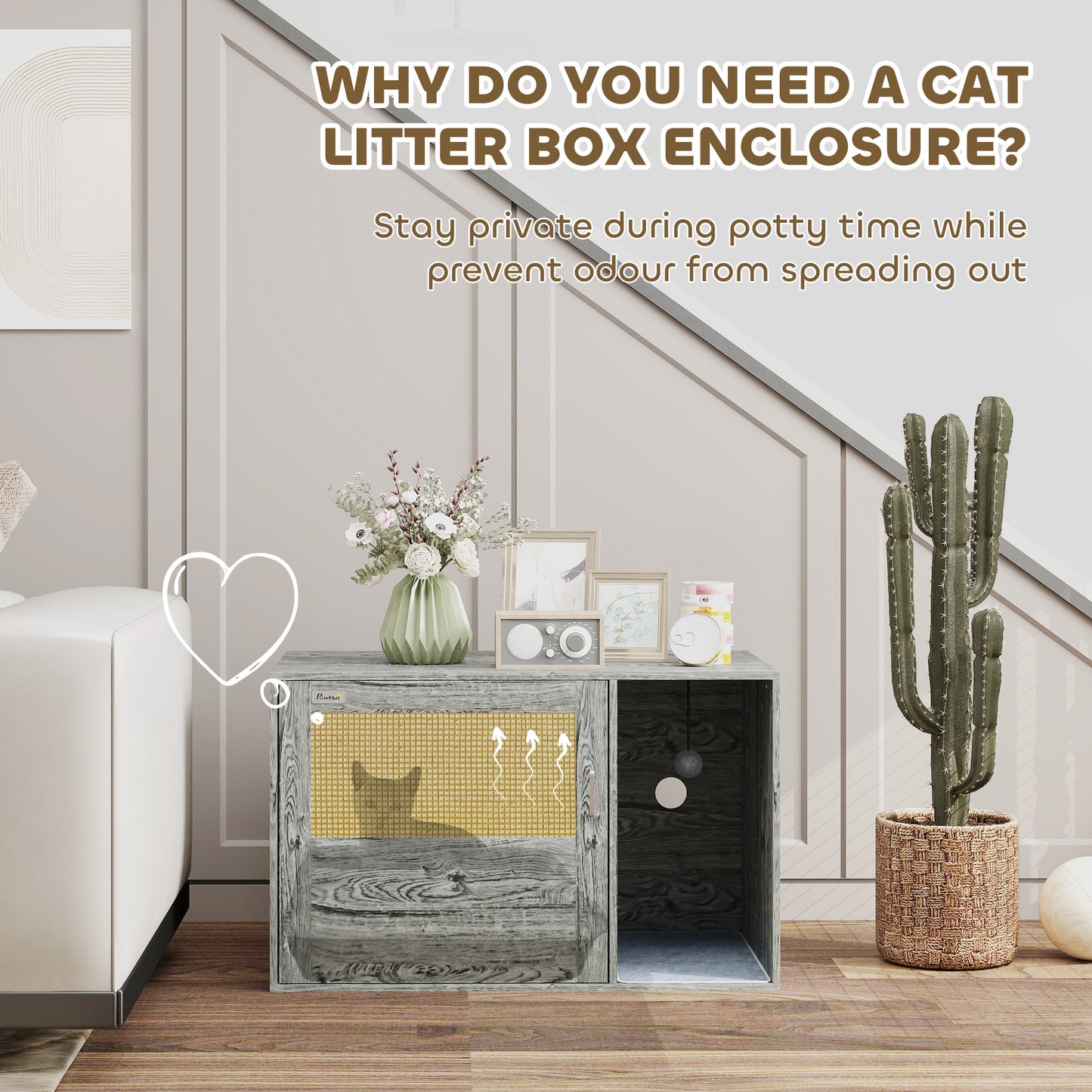 PawHut Cat Litter Box Enclosure z drzwiami rattanowymi, matą do drapania, piłką do zabawy, antypoślizgowymi podkładkami pod stopy, szary