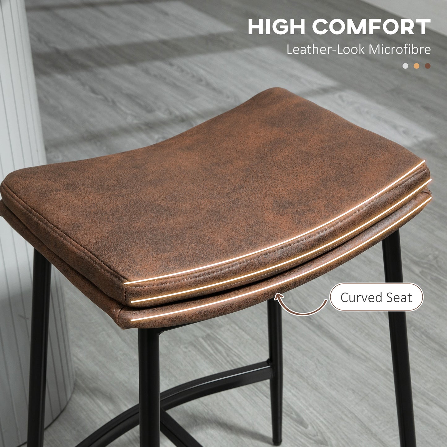 Zestaw 2 krzeseł barowych HOMCOM Breakfast Bar Stools, tapicerowane mikrofibrą, krzesła barowe industrialne z zakrzywionym siedziskiem i stalową ramą do jadalni, kuchni, brązowe