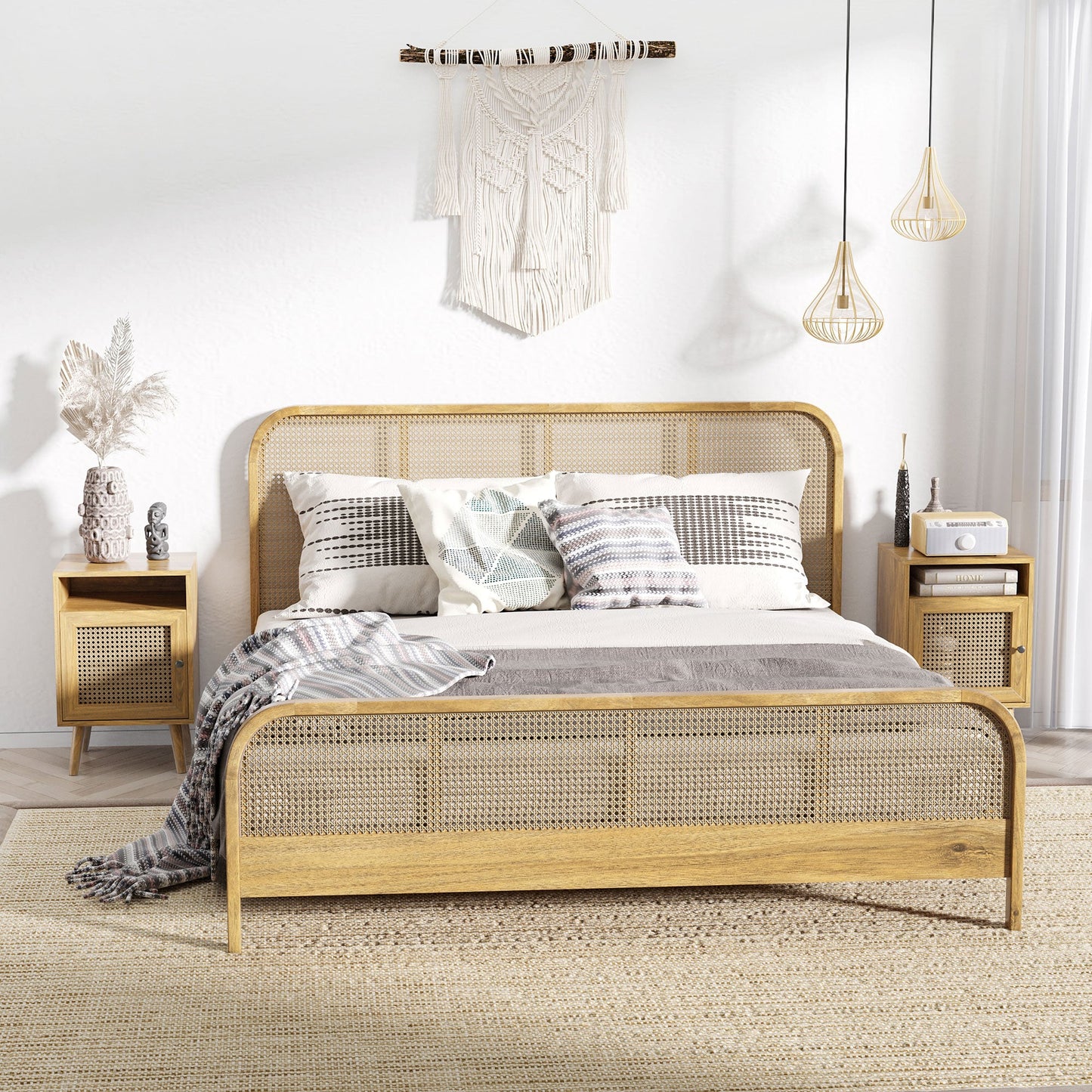 Stolik nocny HOMCOM z elementem rattanowym, stolik boczny z półką i szafką, 39 cm x 35 cm x 60 cm, zestaw 2 sztuk, naturalny