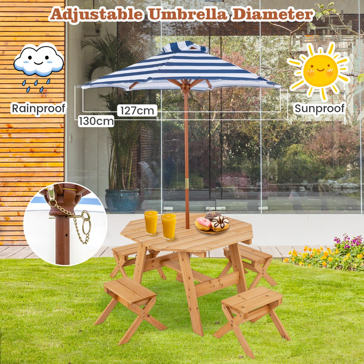 Kids Picnic Table with 4 Chairs and Adjustable Umbrella for Patio Garden Backyard-Natural