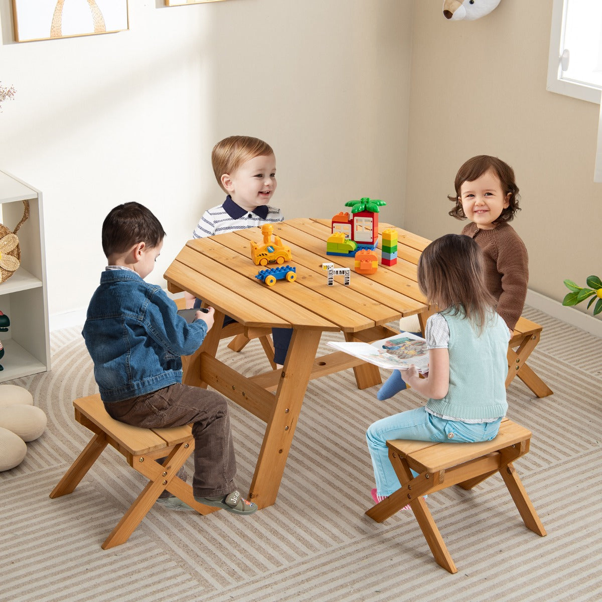 Kids Picnic Table with 4 Chairs and Adjustable Umbrella for Patio Garden Backyard-Natural