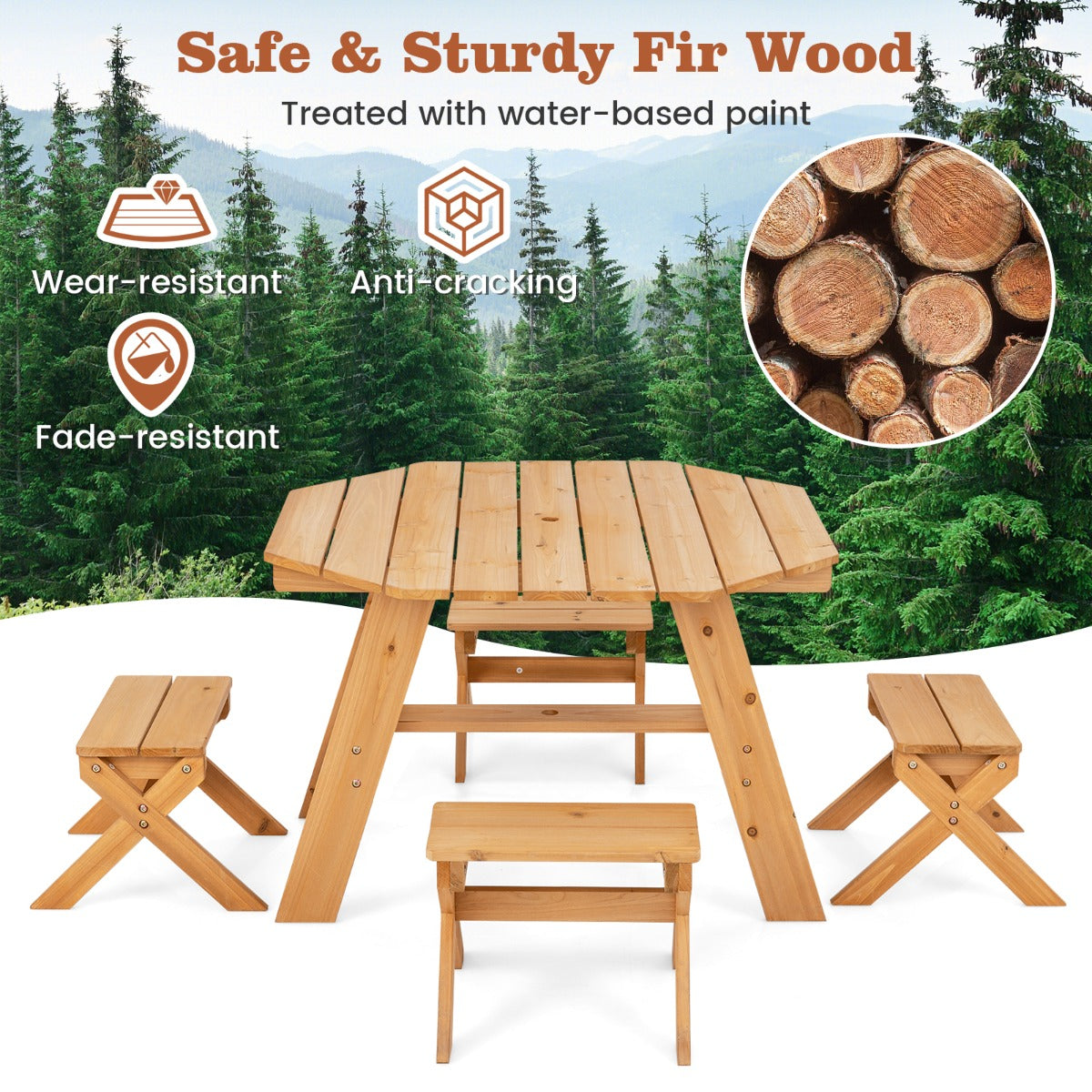 Kids Picnic Table with 4 Chairs and Adjustable Umbrella for Patio Garden Backyard-Natural