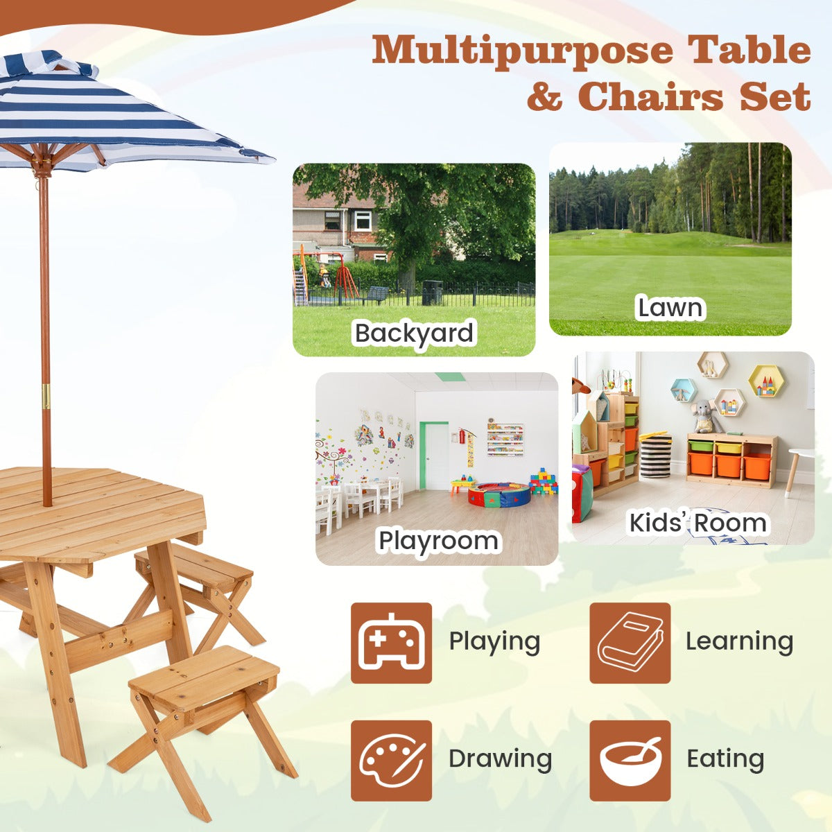 Kids Picnic Table with 4 Chairs and Adjustable Umbrella for Patio Garden Backyard-Natural