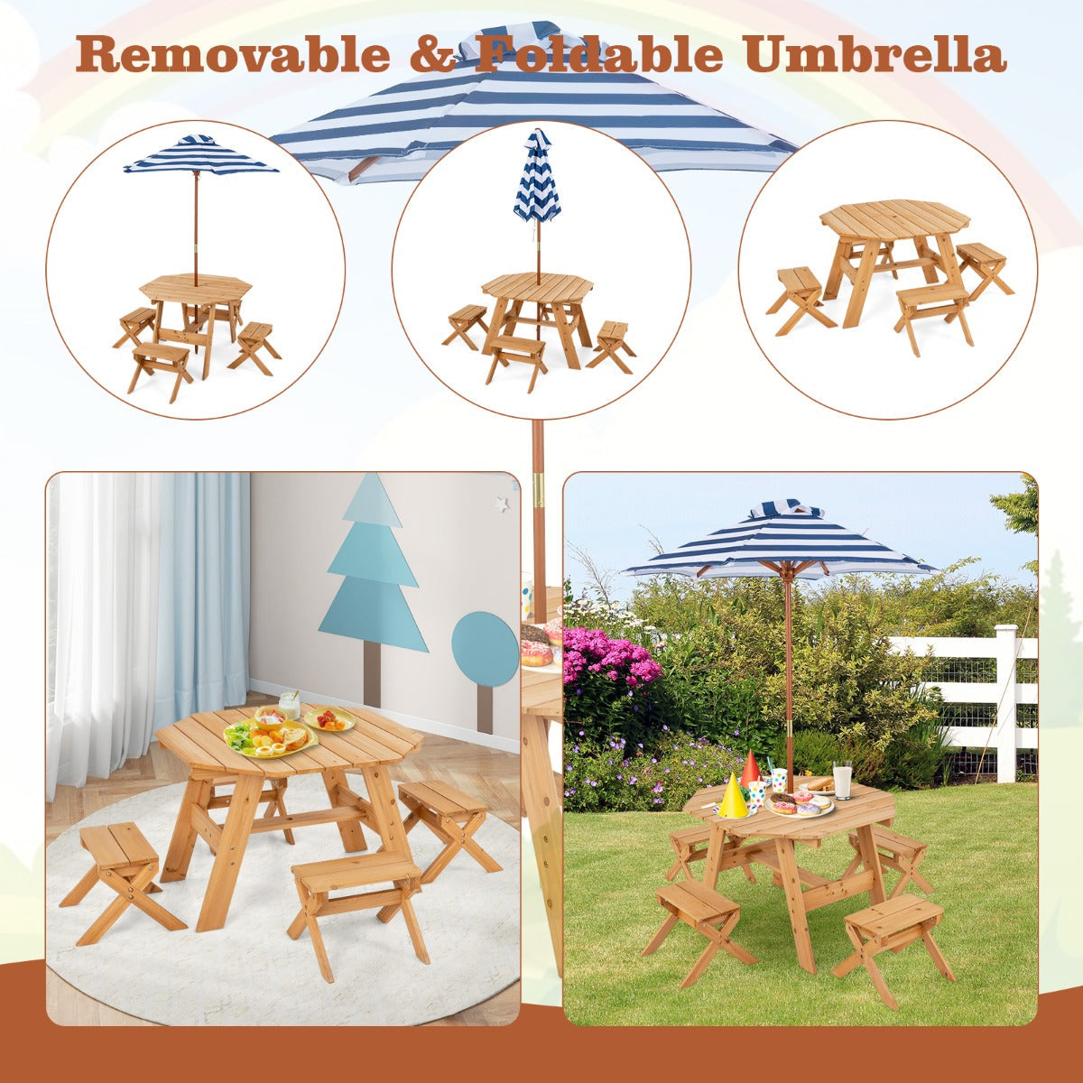 Kids Picnic Table with 4 Chairs and Adjustable Umbrella for Patio Garden Backyard-Natural