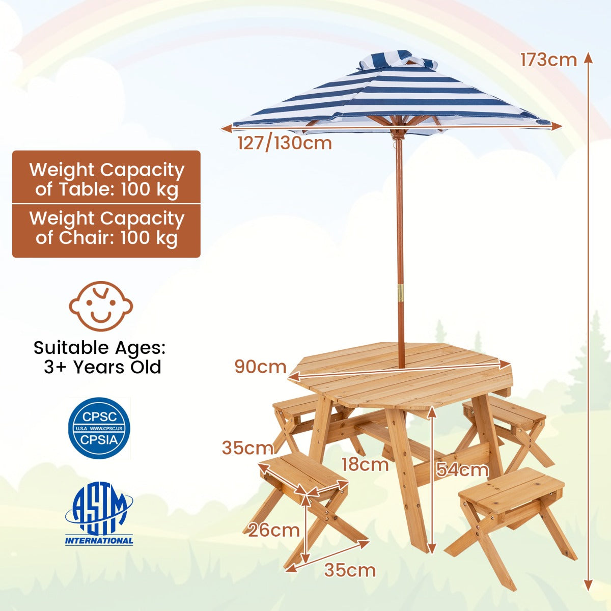 Kids Picnic Table with 4 Chairs and Adjustable Umbrella for Patio Garden Backyard-Natural