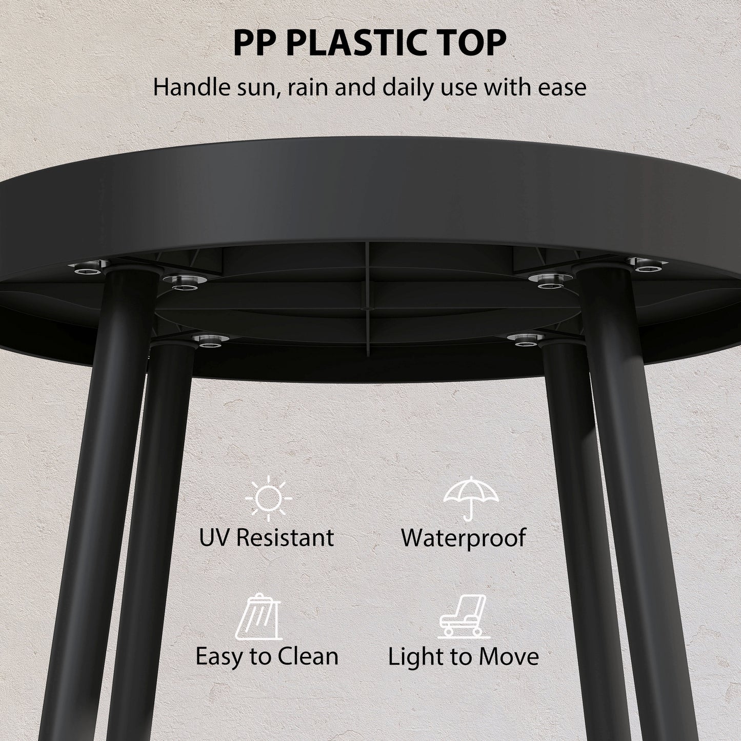 Outsunny 49.5 cm Round Garden Table, Small Outdoor Coffee Side Table with Plastic Tray-Style Top, Metal Legs, Black