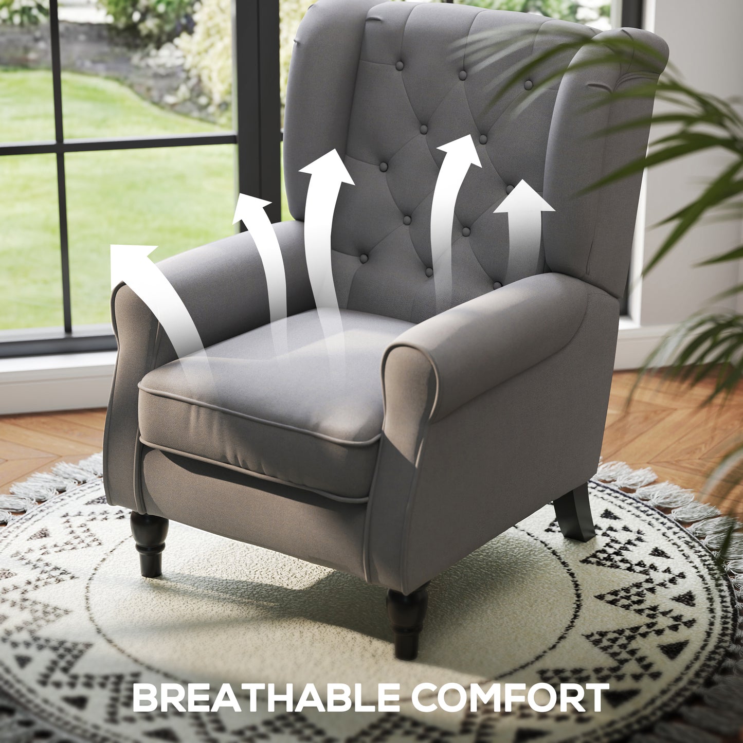 HOMCOM Retro Accent Chair, Linen Wingback Armchair with Wood Frame Button Tufted Design for Living Room Bedroom, Dark Grey