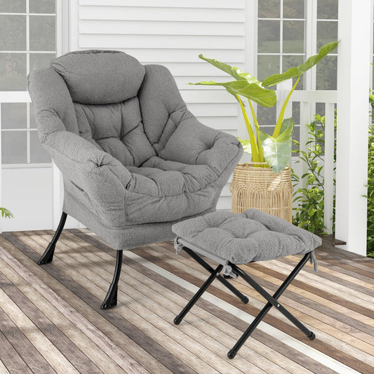 Modern Accent Chair with Folding Footrest and Head Pillow-Gray
