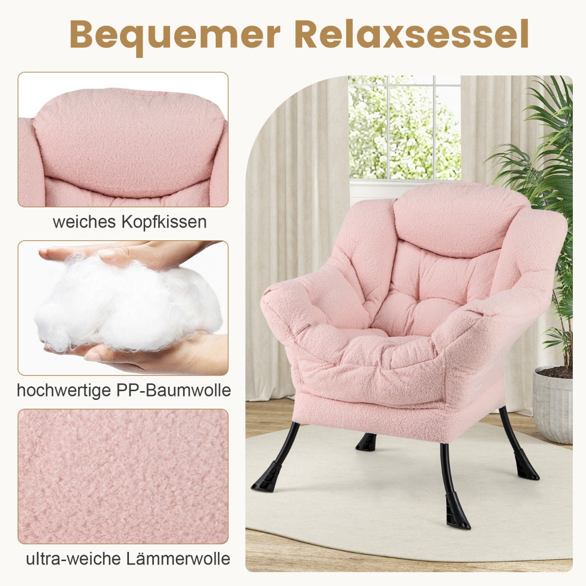 Modern Accent Chair with Folding Footrest and Head Pillow-Pink