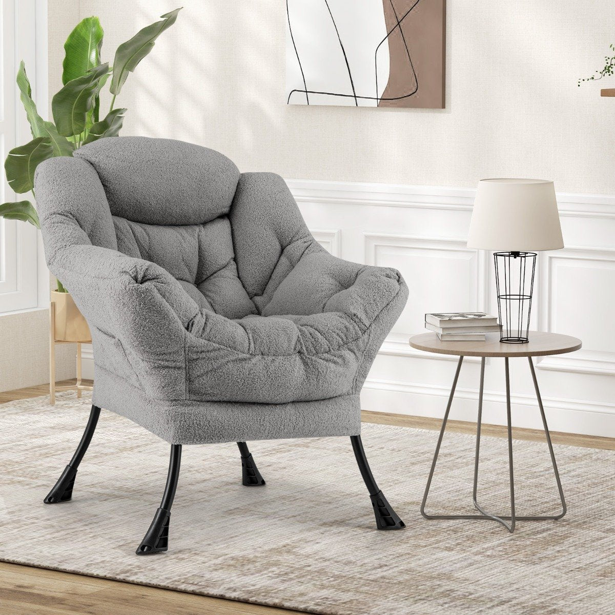 Sherpa UpholsteredAccent Chairwith Cozy Head Pillow-Gray