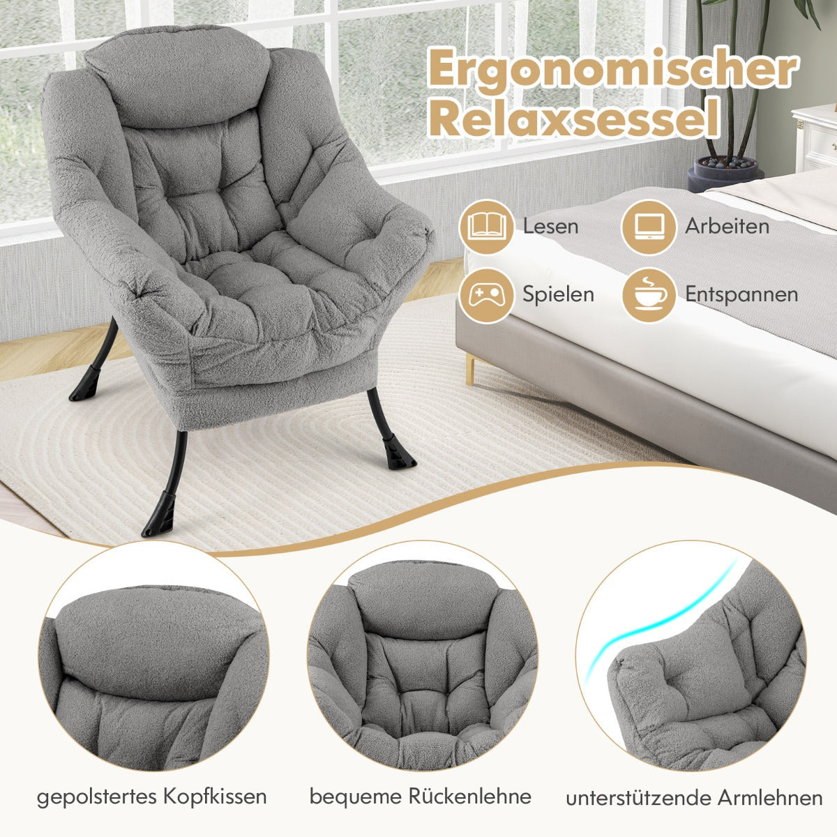 Sherpa UpholsteredAccent Chairwith Cozy Head Pillow-Gray