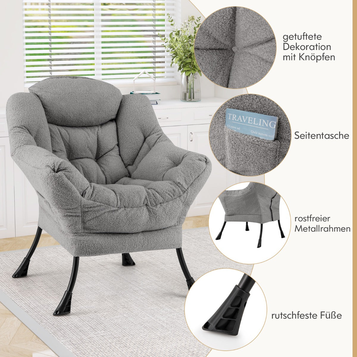 Sherpa UpholsteredAccent Chairwith Cozy Head Pillow-Gray
