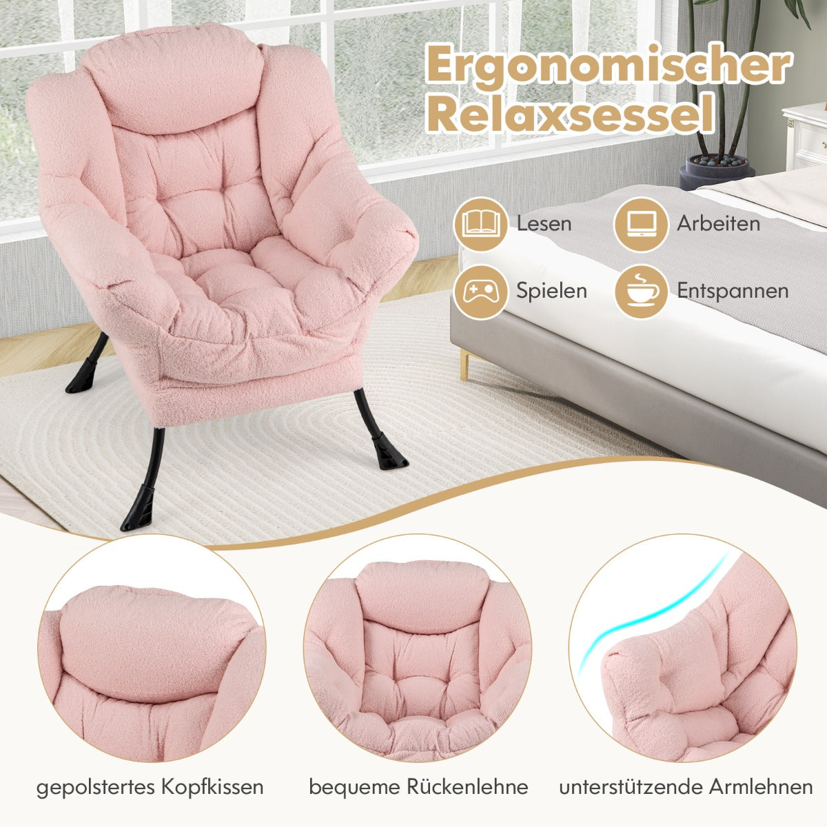 Sherpa UpholsteredAccent Chairwith Cozy Head Pillow-Pink