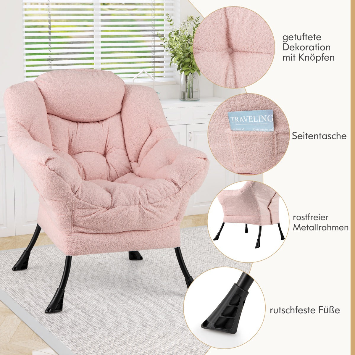 Sherpa UpholsteredAccent Chairwith Cozy Head Pillow-Pink