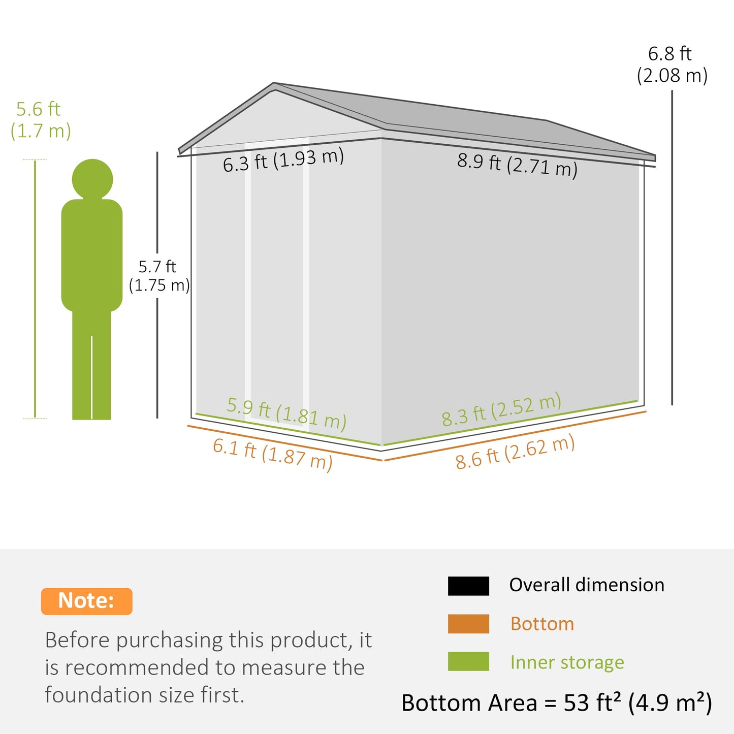 Outsunny 9x 6FT Metalowy zewnętrzny domek ogrodowy, ocynkowany domek narzędziowy ze skośnym dachem, zamykane drzwi na patio i trawnik, ciemnoszary
