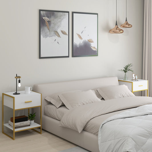 HOMCOM Bedside Table Set of 2, Modern Side Tables with Drawer and Shelf, Nightstands for Bedroom, White