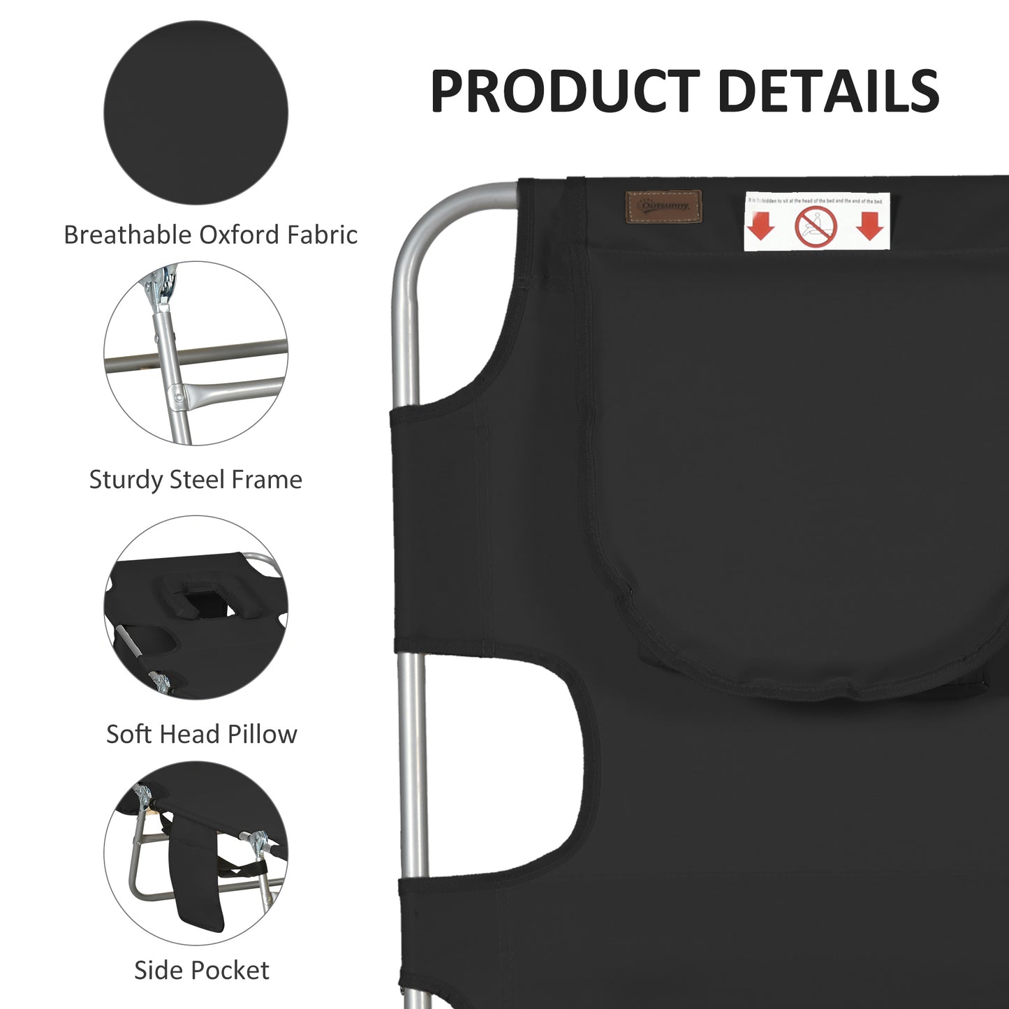 Outsunny Foldable Sun Lounger, Beach Chaise Lounge with Reading Hole, Arm Slots, 5-Position Adjustable Backrest, Side Pocket, Pillow for Garden, Beach, Pool, Black