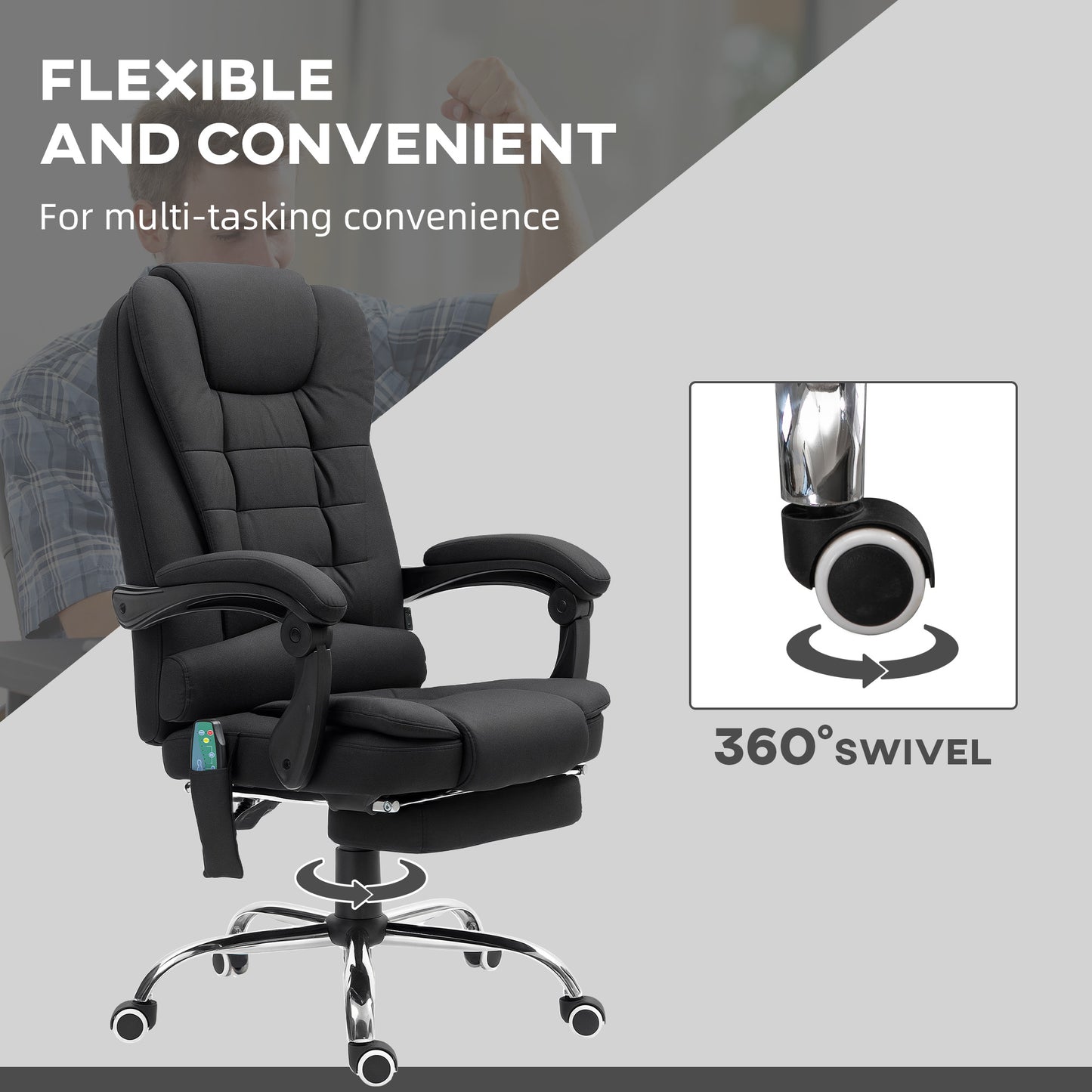 Vinsetto Office Chair with 6 Point Massage and Back Heat, Linen Desk Chair with Footrest Adjustable Height and Swivel Wheels, Back Reclining, Full Black