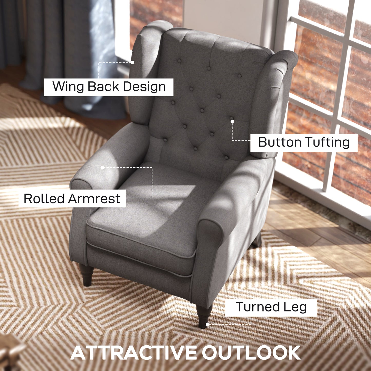 HOMCOM Retro Accent Chair, Linen Wingback Armchair with Wood Frame Button Tufted Design for Living Room Bedroom, Dark Grey